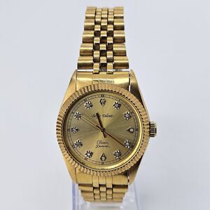 VTG‎ Sergio Valente Watch 36MM Gold Dial Gold Bracelet Diamonds 7.5" NewBattery